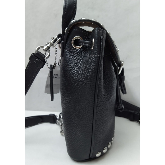 Coach Black Pebbled Leather Studded Drawstring Crossbody Backpack Bag - NWT $450 - Picture 4 of 16
